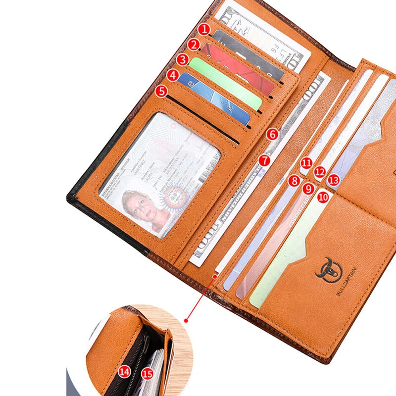 (image for) BULLCAPTAIN Genuine Leather Men’s Long Wallet Large-capacity Coin Purse RFID Blocking Credit Card Holder Multifunctional Handbag Clutch Wallet