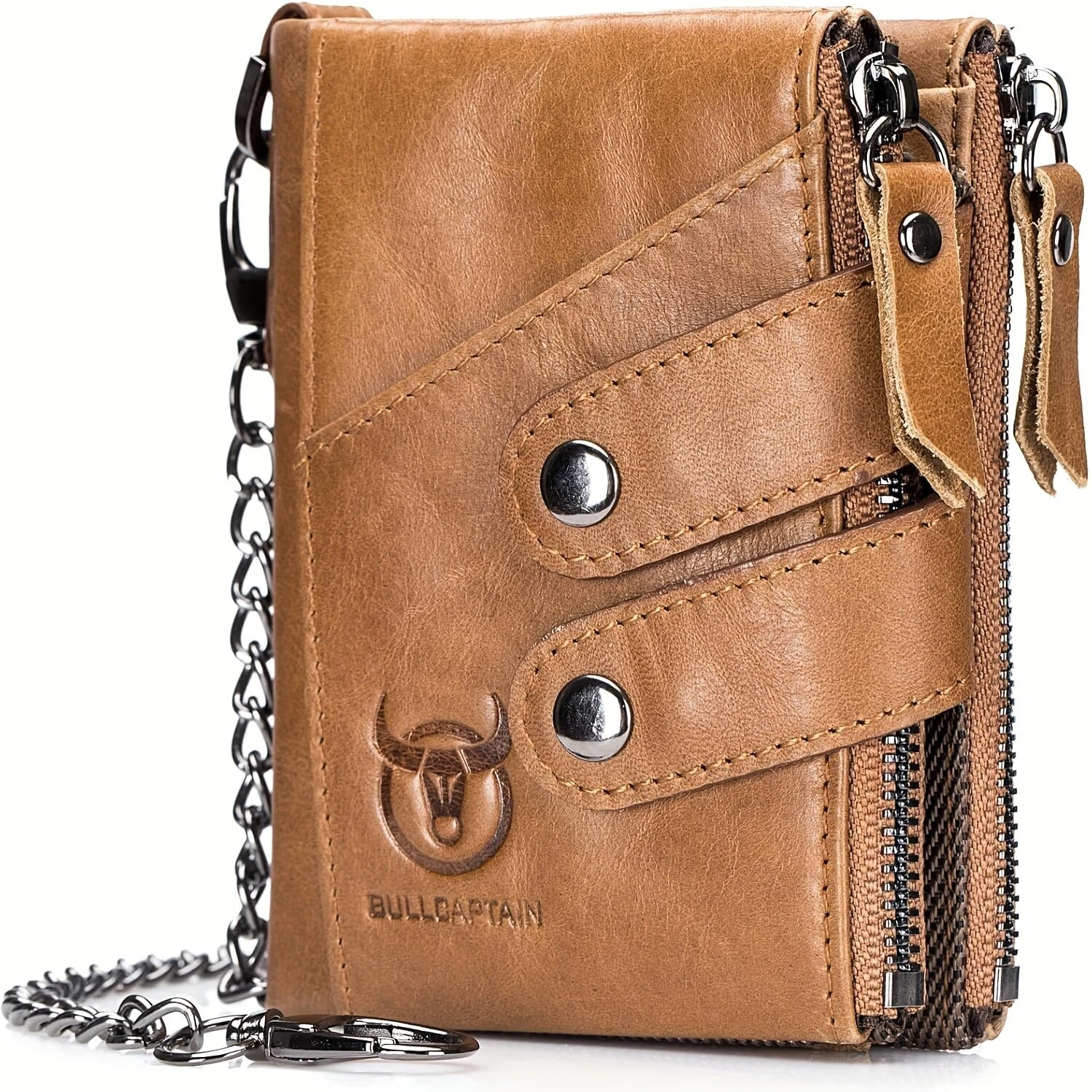 BULLCAPTAIN Genuine Leather Mens Wallet RFID Blocking Short Wallet with Chain Multifunction Card Holder Double Zipper Coin Purse Money Clip Compact Storage Bag Stylish (image for) BULLCAPTAIN Genuine Leather Mens Wallet RFID Blocking Short Wallet with Chain Multifunction Card Holder Double Zipper Coin Purse Money Clip Compact Storage Bag Stylish